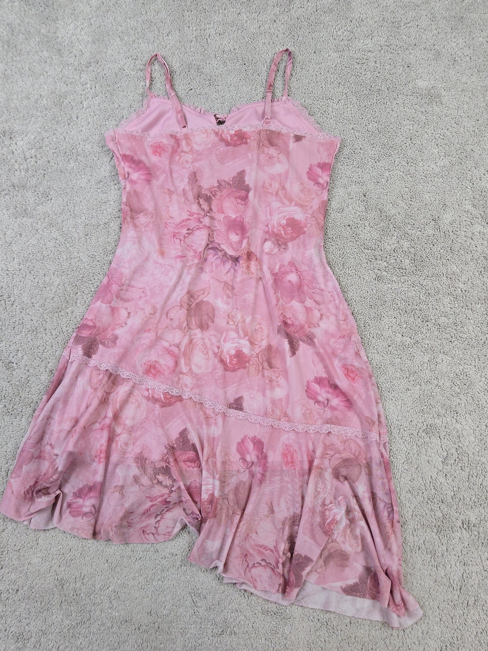 Y2k Madden Girl Babydoll Milkmaid Dress Sheer Pink Floral Asymmetric Romantic - Picture 2 of 8